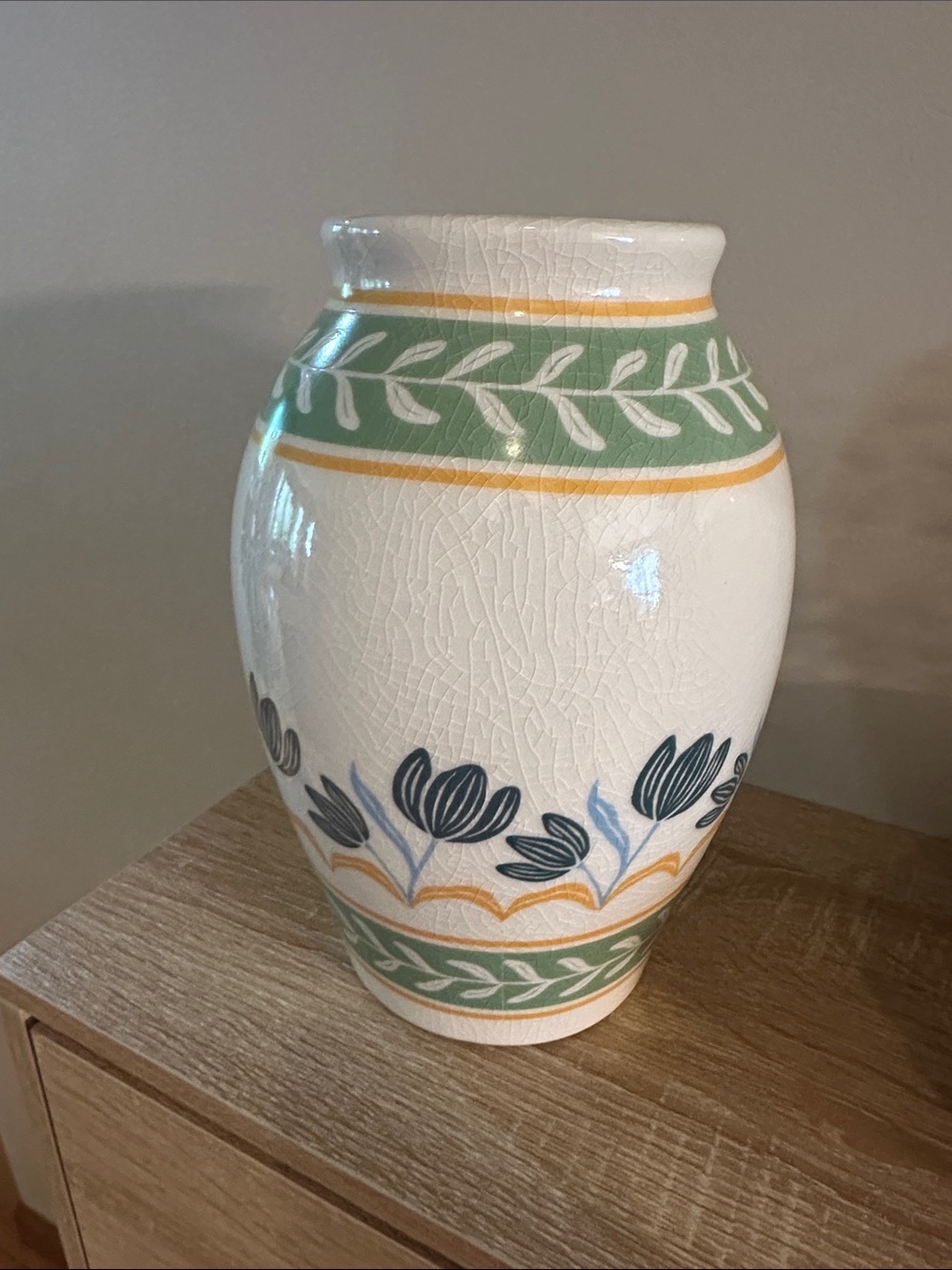 Cream Ceramic Vase with Green and Yellow Leaf Border NEW